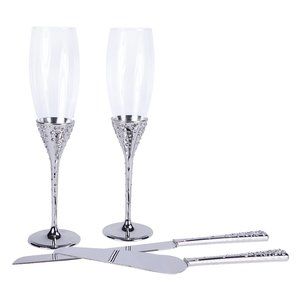 Crystal Collection Toasting Flutes & Cake Serving Set in Silver